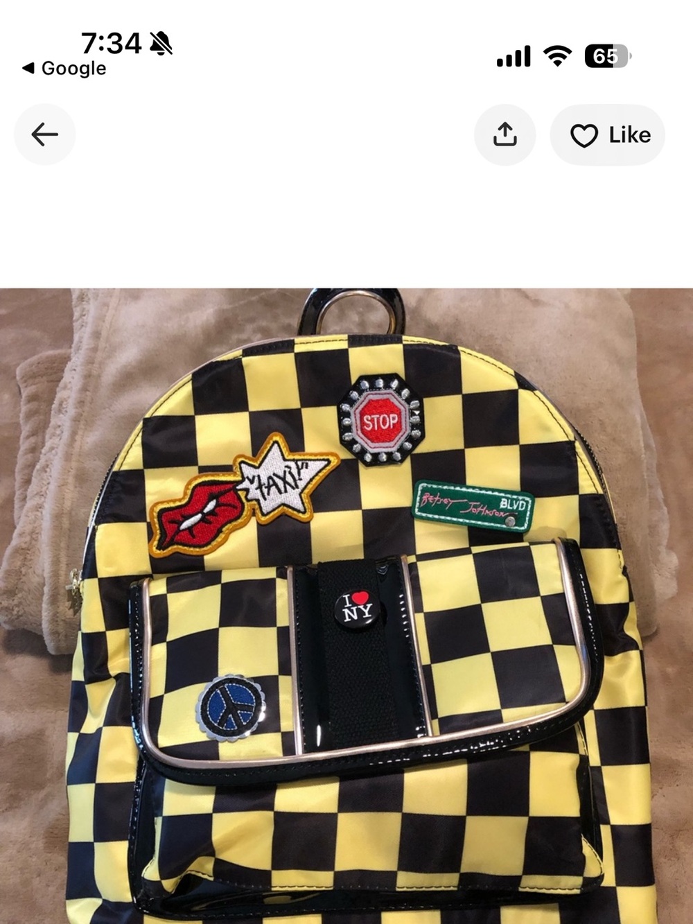 Betsey Johnson Yellow and Black Checkerboard Backpack with Patch Details